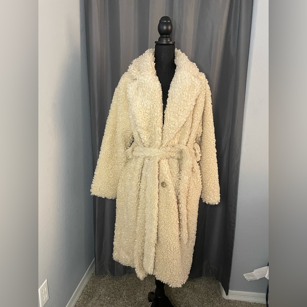 110. A new day Shaggy Belted Coat, Cream, Size M, NWT